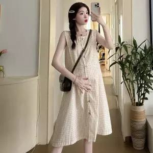 A라인 격자 무늬 조끼 임산부 스커트 드레스