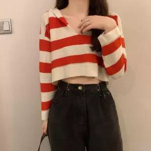 여친 니트 롱루즈핏티 핫걸 루즈핏 숏탑 스트라이프 하이웨스트 브이넥 긴팔티 크롭 봄가을 OP3