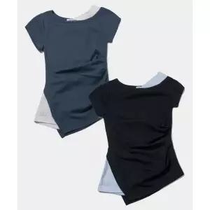 PLACE STUDIO 플레이스 스튜디오 사이드 핀턱 오프숄더 언발란스 레이어드 슬림핏 반팔 슬리브 티셔츠_ 2CO