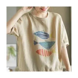 여성 패션 모시 날씬 루즈 프린트티 티셔츠 나사 프린트 맨투맨 앤티크 피쉬 OP1