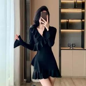 EAMT 니트 치마 원피스 여성용 검정 브이넥 스몰 플레어 소매 YJ1