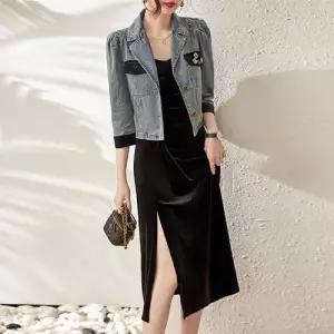 EAMT 데님 투피스 여사친 나시 복고 칼라넥 하프코트+벨벳 YJ1