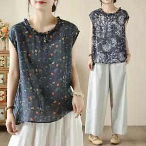 스파이더맨 여친 빈티지 프린트 블라우스 뒷단추 민소매 톱 마 OPH1