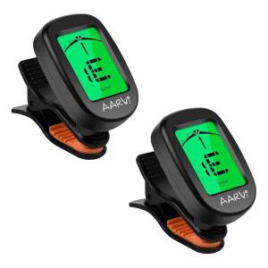 모든 악기를 위한 클립 온 기타 튜너 2팩, 어쿠스틱/일렉트릭 기타, 우쿨렐레, 베이스, 바이올린, 밴조, 튜너용 대형 클리어 LCD 디스플레이, 크로매틱 튜너, 픽 8팩 포함