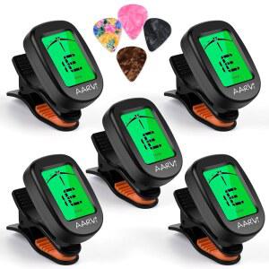 모든 악기를 위한 클립 온 기타 튜너 5팩, 어쿠스틱/일렉트릭 기타, 우쿨렐레, 베이스, 바이올린, 밴조, 튜너용 대형 클리어 LCD 디스플레이, 크로매틱 튜너, 픽 20팩 포함