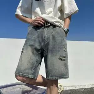 바지 남자 빈티지 하이스트리트 황토 와이드 청반바지 5부 OP1