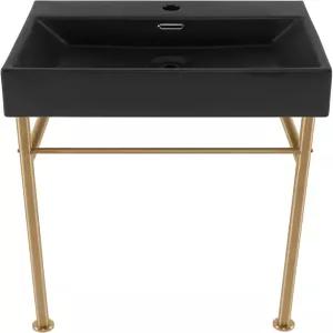 클레어 24인치 세라믹 콘솔 싱크대 매트 블랙 베이슨 브러시드 골드 다리