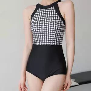 모던스타일 투톤 하운드 패턴 홀터넥 디테일 원피스 sYs6+3zfI