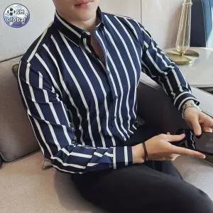 남친룩 남성 슬림핏 셔츠 블랙와펜 스트라이프