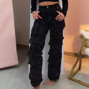 호환  미국 스타일 스트리트 포켓 다이아몬드 캐주얼 청바지 오버롤 보이프렌드 스타일 반짝이는 바지