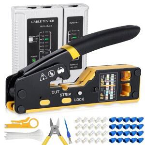 [미국배송] RJ45 크림프 공구 키트 8P CAT5E CAT6A 6P RJ11/12 모듈형 커넥터용 크림퍼 통과 올인원 스트리퍼 커터 이더넷 크림핑 키트 (144PCS)