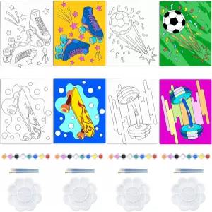 위비디 4팩 미리 그린 캔버스 스포츠 스타일 페인팅 키트 8x10인치 축구 스케이트보드 바벨 모금 및 페인트