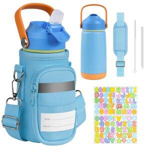 가방이 있는 레드쉘 물병, 남학생용 스테인리스 스틸 텀블러, 슬링 홀더가 14온스 진공 단열 주전자, 빨대 뚜껑과 손잡이가 귀여운 슬리브 컵, 파란색