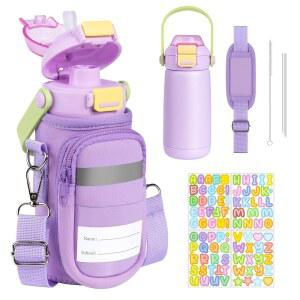 가방이 있는 레드쉘 물병, 남학생용 스테인리스 스틸 텀블러, 슬링 홀더가 14온스 진공 단열 주전자, 빨대 뚜껑과 손잡이가 귀여운 슬리브 컵, 보라색