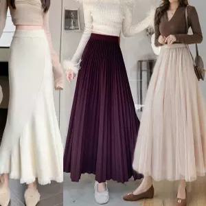 빅사이즈 44-88 가을 겨울 결혼식하객패션 머메이드 도트 호피 망사 쉬폰 니트 모직 주름 플리츠 롱스커트