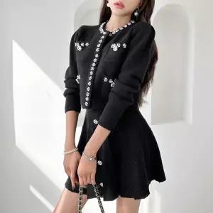 [금찌] 샤인 진주펄 가디건, 스커트 니트 세트 JK6617S