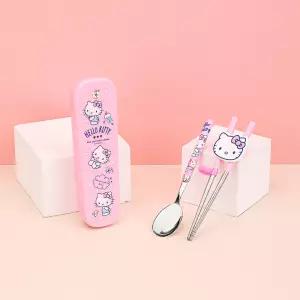 산리오 수저세트 헬로키티 스텐킨더젓가락스푼 글라이더케이스 3P세트 유치원수저 어린이집 교정용젓가락