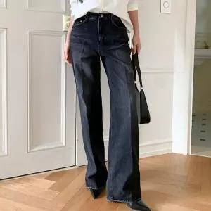 [하프클럽/다잇템]여성 논스판 나팔 진 롱 면원단 검정데님 팬츠