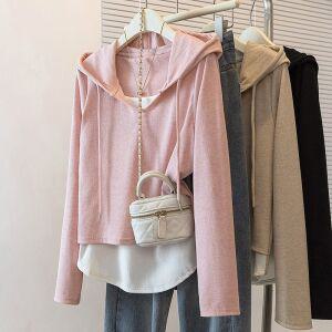 스타일아유 빅사이즈 여성 레이어드 후드 긴팔 티셔츠 봄 신상 루즈핏 데일리룩 TS3280
