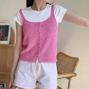 [하프클럽/옷자락]여자 여름뷔스티에 톤온톤 단추 부클 니트조끼 나시