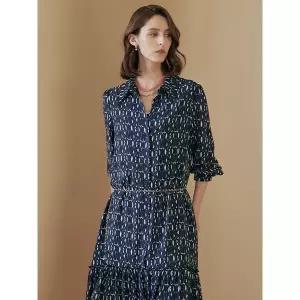 [하프클럽/]알파벳 패턴 벨티드 셔링 셔츠 롱 원피스