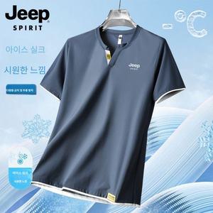 JEEP SPIRIT 여름 아이스 실크 티셔츠 남성 V넥 가짜 투피스 얇음 통기성 반팔