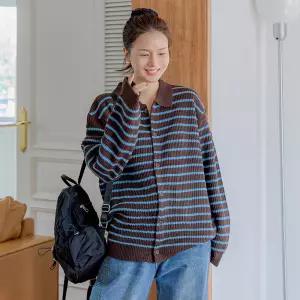 스트라이프 카라 니트 가디건 긴팔 루즈핏 여성 빅사이즈