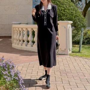 진주버튼 배색 카라 롱 원피스 스판 여성 빅사이즈