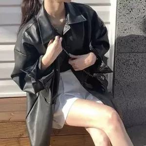 [하프클럽/알티피아]간절기 아우터 레더 자켓 루즈핏 롱 자켓 가죽 코트