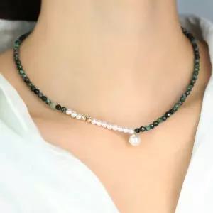 [리즈타라]14k 컷금볼 천연 에메랄드 원석 보테 언발란스 진주 목걸이 [주문제작]