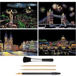 스크래치 아트 무지개 페인팅 페이퍼(A4), 여성 취미 DIY 공예, 판화 보드 크리스마스 생일 크리에이티브 선물 세트 4장 (건축)