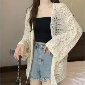 여리여리가디건 얇고 통기성좋은 펀칭짜임 그물 노버튼 통소매 가디건