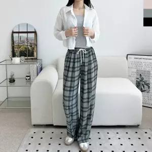 ACC SS1009W 여자 여름 시원 찰랑 쿨소재 체크 핀턱 와이드 밴딩 팬츠