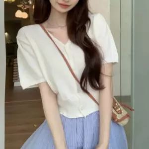 여성 퍼프소매 여리핏 단추 봄 여름가디건 반팔 휴가 여행 나들이