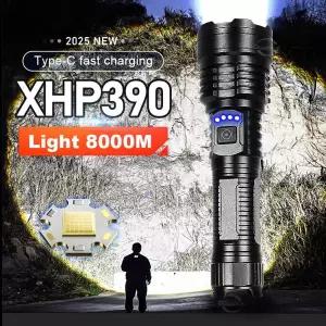 XHP390 고강도 파워 LED 손전등 전술용 토치 디스플레이 라이트 USB 충전식 캠핑 낚시용 줌 기능 랜턴