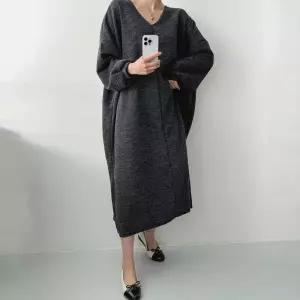 TE 골지 긴팔 봄 브이넥 퍼프 루즈핏 빅사이즈 데일리룩 간절기 롱원피스 40대 여성