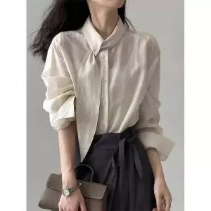 여성 긴팔 블라우스 레이스셔츠 새틴 타이 오버핏 루즈핏 오피스룩 셔링 하객룩 리본