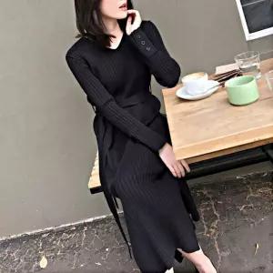 니트 골지 브이넥 롱원피스 슬림핏 옆트림 데일리룩