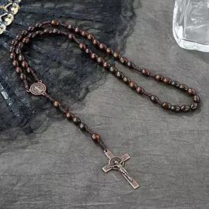천주교 5단묵주 가톨릭 예수님 십자가 나무 묵주 목걸이 성베네딕토 메달 성물 굿즈