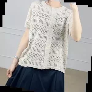 반팔 빅사이즈 여성 펀치 여름 그물 니트 자수 가디건