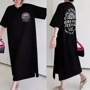 [이지커머스]캐주얼 뒷면 프린팅 반팔원피스 오버핏 일상복 홈웨어 여름원피스 편한원피스 바캉스원피스 꼬