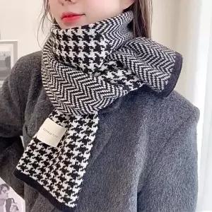 더블 패턴 머플러 목돌이 중학생 목도리 발열 슬림 짧은 숏 커플 쁘띠 하운드체크 헤링본 미니 니트 스카프
