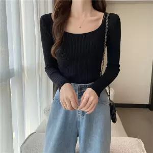 3컬러 여성 U넥 골지 니트 슬림핏 긴팔 티셔츠 LK-K006