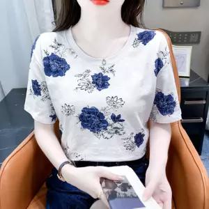 블루장미 지도 입체 패턴 루즈핏 여성 반팔 티셔츠