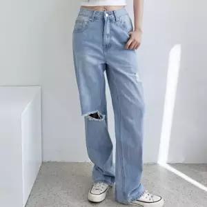 여자 빅사이즈 데일리 와이드 레그 찢청 데님 팬츠