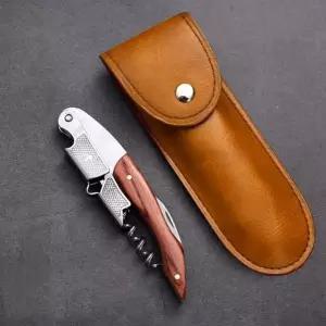 모과나무 원목손잡이 2단 와인오프너+가죽케이스 세트 원목 가죽케이스