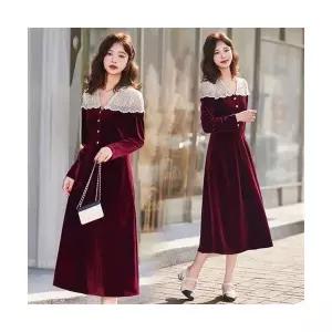 피콜로 여자 데일리룩 원피스 레이스 벨벳 봄가을 패치 프렌치 향풍 허리 여밈 빈티지 롱 스커트 KUK3