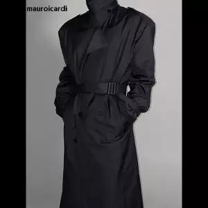 호환 Mauroicardi 남성용 롱 블랙 오버사이즈 트렌치 코트 더블 브레스트 벨트 느슨한 캐주얼 방풍 겉옷 봄