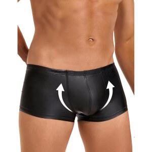 오마이디어 남성 복서 브리프 유광 반바지 인조 가죽 속옷 남성용 엘라스틱 로우 라이즈