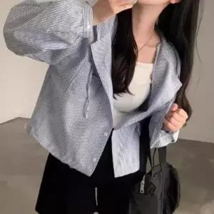 |CCH4285|여성용 일상 캐주얼 스트라이프 크롭 셔츠